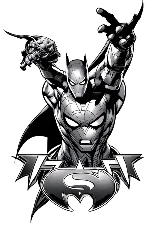 Marvel superhero symbol plus batman, superman, spiderman, iron man, avengers logo, full sleeve tattoo design idea