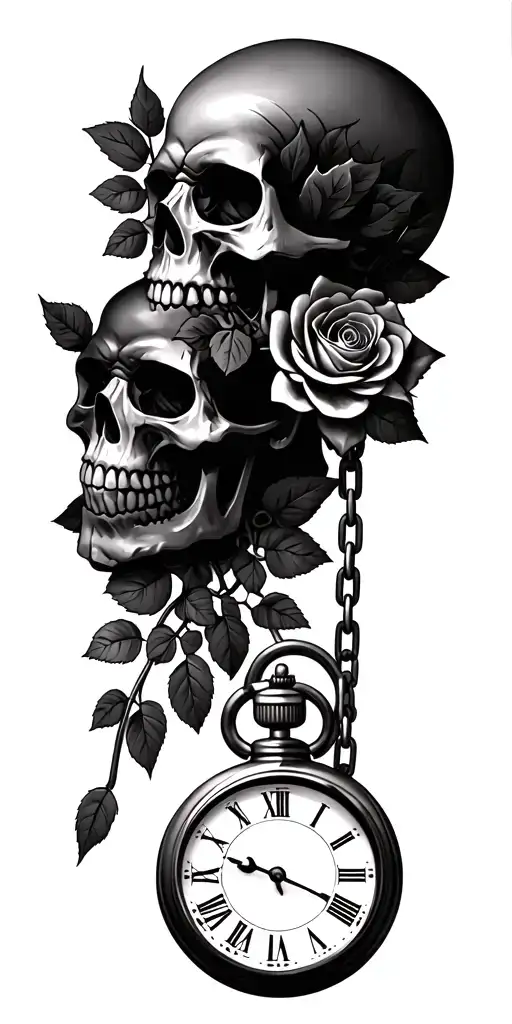 Skull and Roses and vines wrapping around a roman numeral stopwatch, metal chains in the background,  tattoo design idea