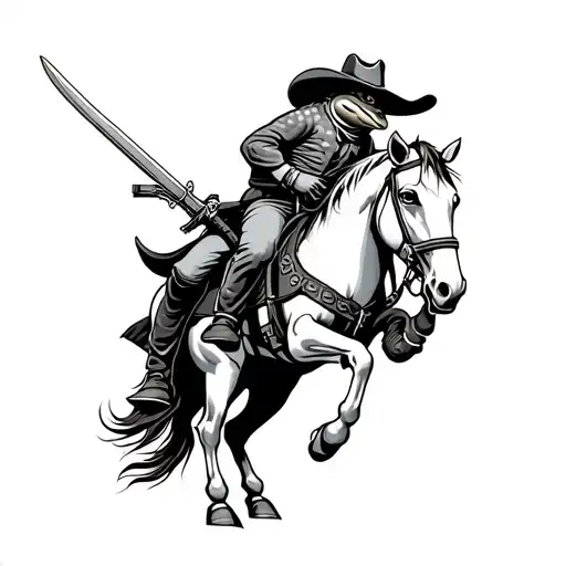 western cowboy bullfrog riding a horse sword and pistol by his side carrying flowers tattoo design idea