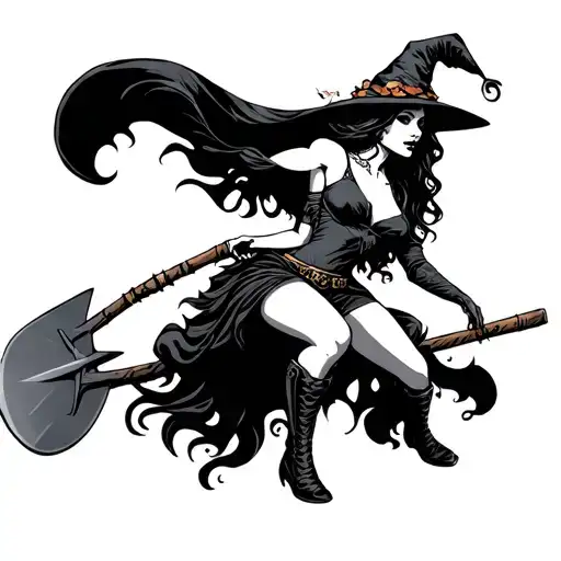 sexy witch riding shovel tattoo design idea