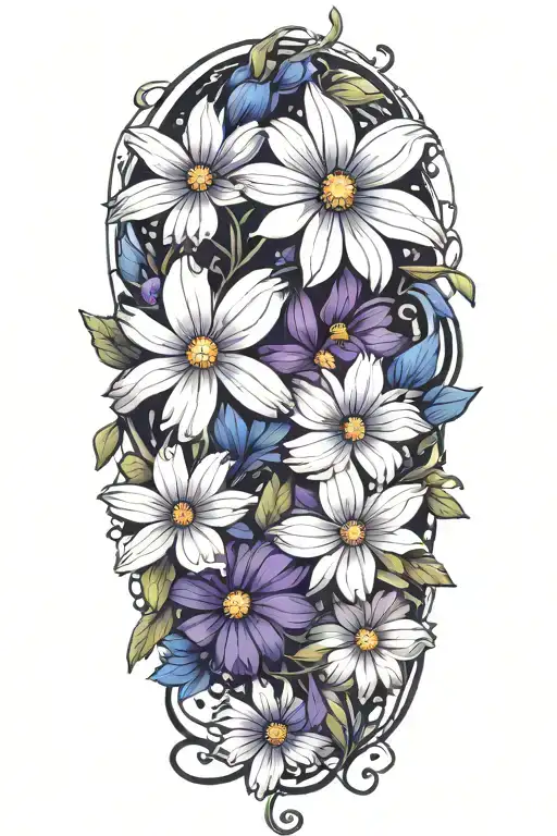A vine of purple daisies and blue cosmos intertwined flowers tattoo design idea