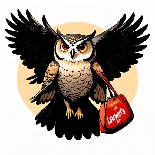 Japanese owl flying holding a Lawson’s konbini bag in its talons tattoo design idea