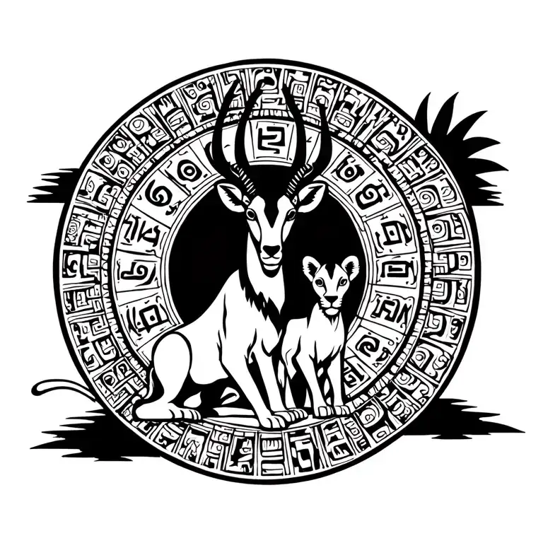 Mayan calendar featuring a sitting gazelle in the center with a lion cub nestled between its legs. tattoo design idea