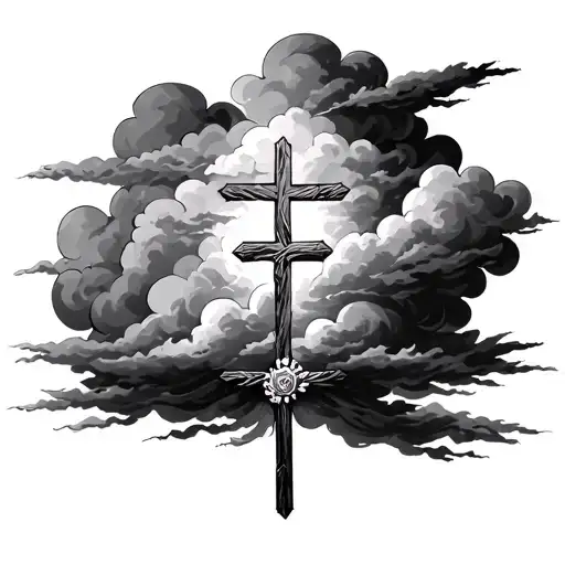 Make a tattoo that The scripture psalms 46:10, with dark clouds that fill the empty space and the crosses that Jesus was tattoo design idea