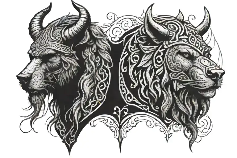 viking warior and bear head tattoo design idea