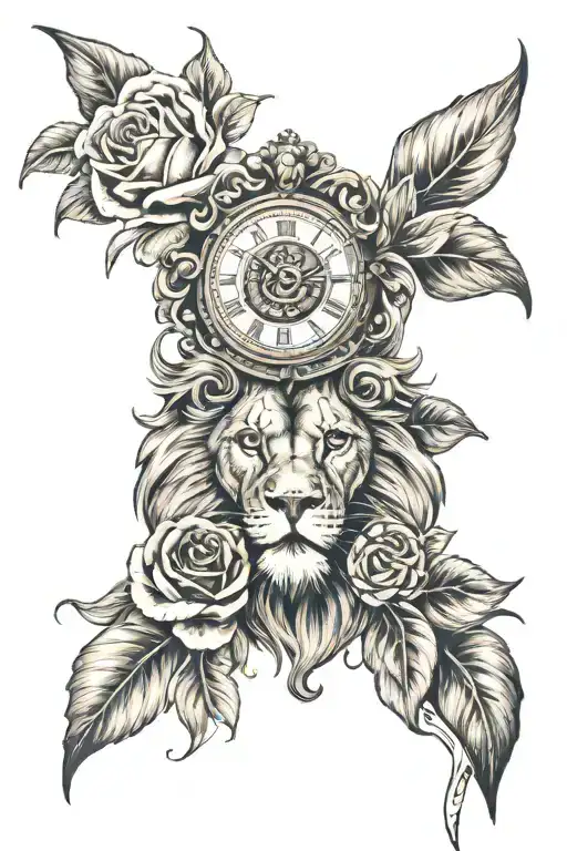 Lion face with old style clock & a rose tattoo design idea