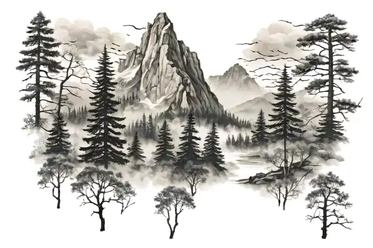 foggy forest with mountains tattoo design idea
