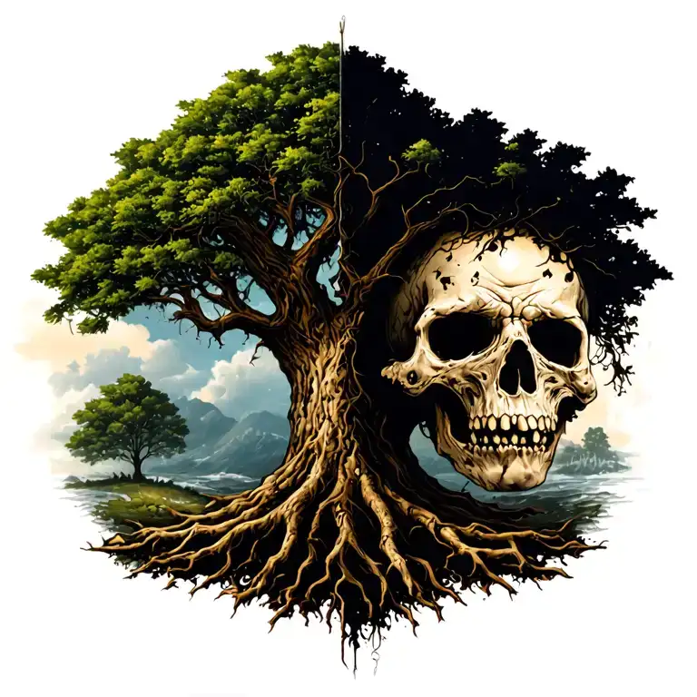 tree of live half alive half dead tattoo design idea