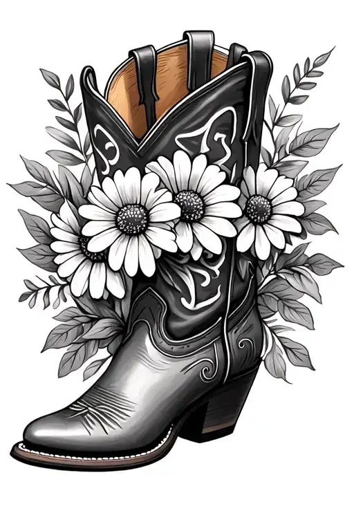 make me a cowboy boot tattoo with 5 birth flowers: 2 March, 1 January, 1 August, and 1 April tattoo design idea
