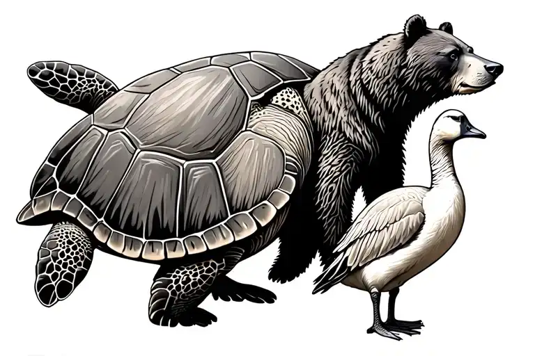 A simple tattoo featuring a sea turtle, a bear, and a goose arranged in a line.This is a beautiful and unique combinati tattoo design idea