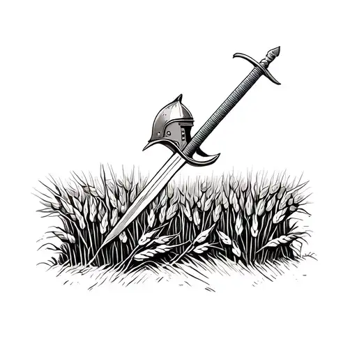 medieval longsword driven deep into a wheat field with a medieval sallet helmet, with no feathers, leaning against it tattoo design idea