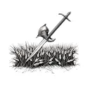 medieval longsword driven deep into a wheat field with a medieval sallet helmet, with no feathers, leaning against it tattoo design idea
