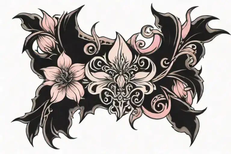 sternum tattoo going across each side, baroque gothic foral. jewelry hanging down from the thorns. pink pastel lilys tattoo design idea