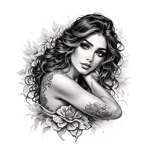 Design a black and gray realistic tattoo of a beautiful woman in a sexually suggestive position.  tattoo design idea