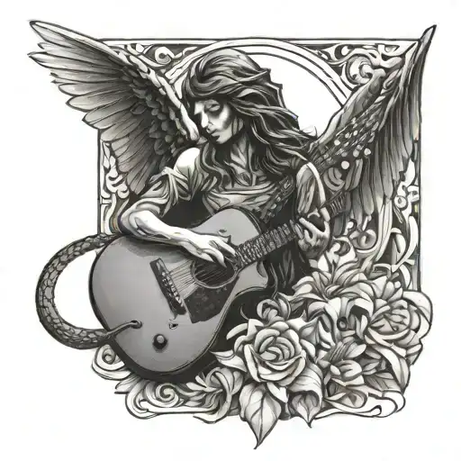 A dark angel playing a guitar surrounded by crocosmia flowers, representing the harmony between music and magic tattoo design idea