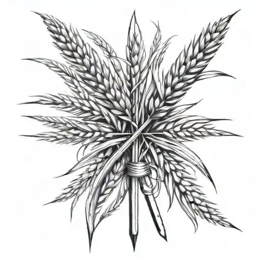spear crossed with wheat stalks Black and white drawing tattoo design idea