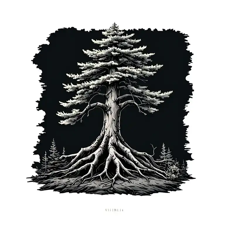 fine line jack pine tree with roots tattoo design idea