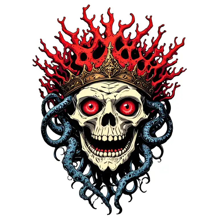 King Of Bones With A Coral Crown surrounded by eyeballs, Hades 2 Style, Eldritch, Tentacles, Lovecraftian, Deep Sea tattoo design idea