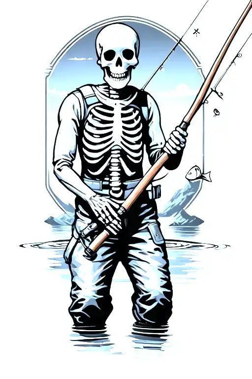 skeleton in waders fly fishing rod tattoo design idea