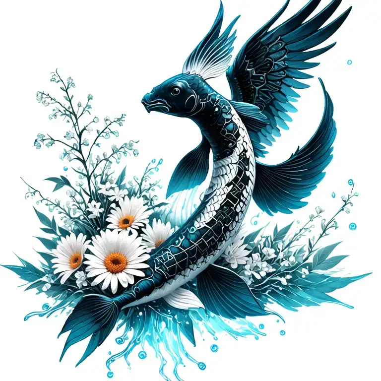 jumping Up out of water black white koi with phoenix wings, bouquet with an aster, a daisy, a lily of the valley tattoo design idea