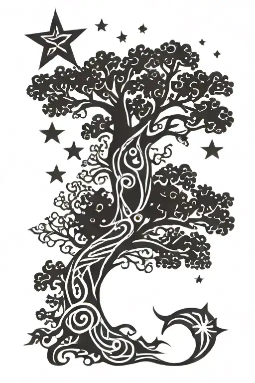 oak tree and virgo star sign tattoo design idea