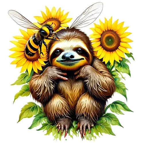 sloth holding a bee in one claw and surrounded by sunflowers tattoo design idea