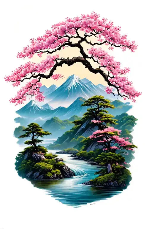 cherry blossom trees with mountains and river flowing tattoo design idea