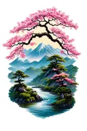 cherry blossom trees with mountains and river flowing tattoo design idea