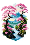 cherry blossom trees with mountains and river flowing tattoo design idea