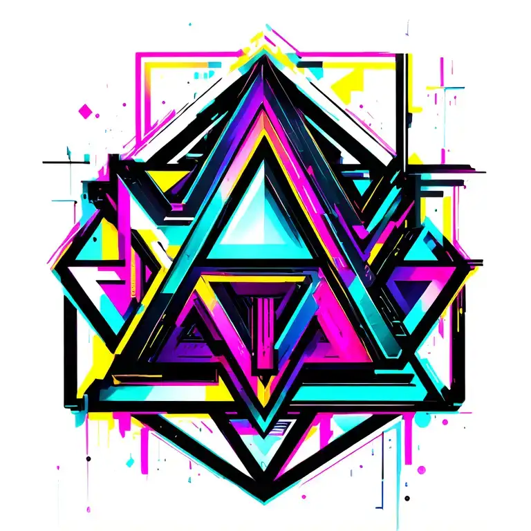cyberpunk geometric asymmetrical triangles shapes pattern scattered neon tattoo design idea