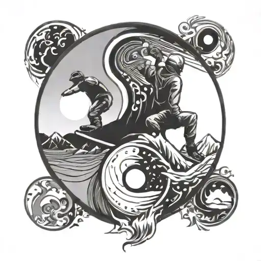 Yin and yang symbol formed by a rock climber in the night and a snowboarder in the day tattoo design idea