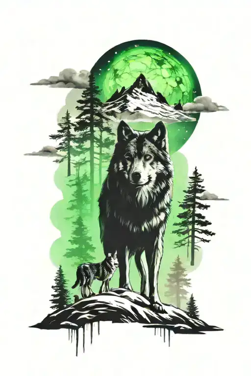 foggy forest with northern lights and a wolf head blending in the lights   tattoo design idea