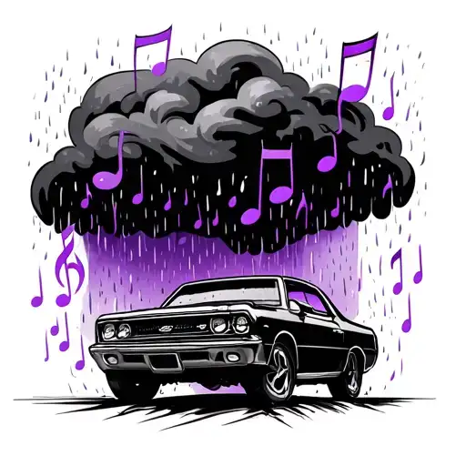 rain cloud raining violet music notes over a speeding car tattoo design idea