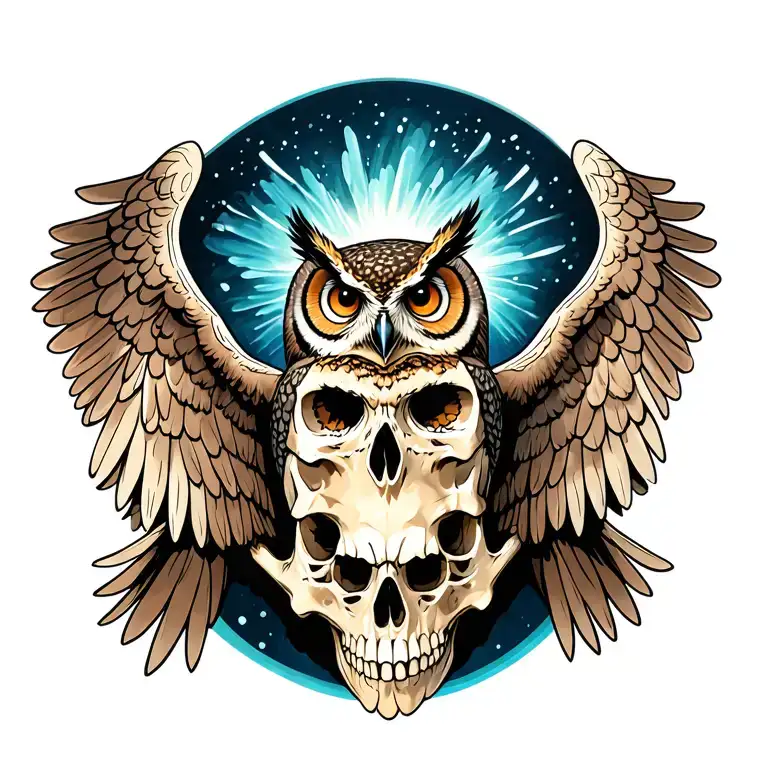 owl on skull spread wings tattoo design idea