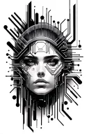 black and white cyberpunk tattoo inspired by altered carbon including circuit board shapes and polygons tattoo design idea