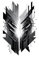 black and white cyberpunk tattoo inspired by altered carbon including circuit board shapes and polygons tattoo design idea