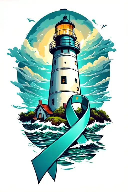 Lighthouse in the storm with the ovarian cancer ribbon tattoo design idea