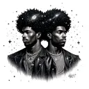 afrocentric male gemini twin with galaxies for hair with stars and constellations in the background  tattoo design idea