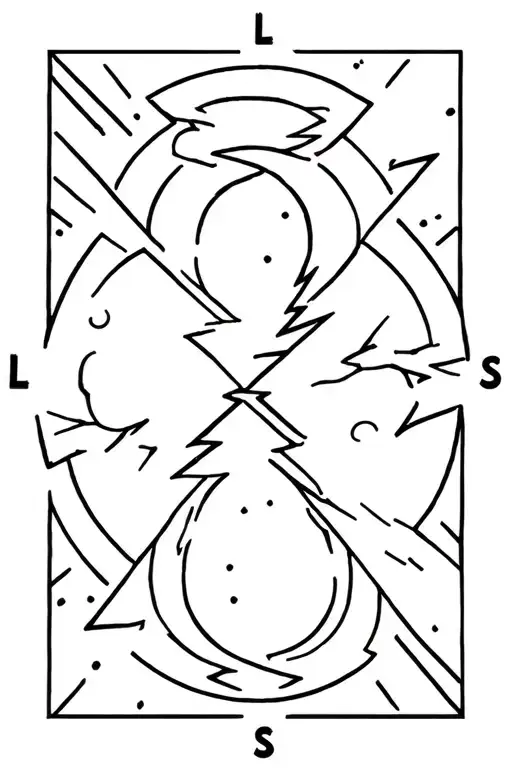 A moon and a sun divided by a crackling lightning bolt, with the letters L L L S S tattoo design idea