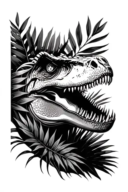 Trex hidden behind tropical foliage plants tattoo design idea