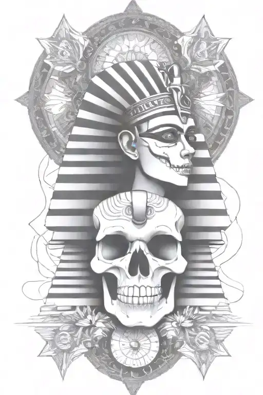  egyption goddess, skull background, pyramid, all seeing eye tattoo design idea