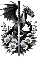 winged dragon surrounded by wildflowers with an upright sword behind it  tattoo design idea
