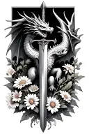 winged dragon surrounded by wildflowers with an upright sword behind it  tattoo design idea