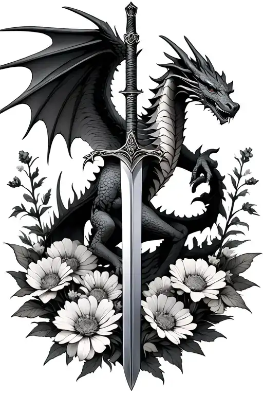 winged dragon surrounded by wildflowers with an upright sword behind it  tattoo design idea