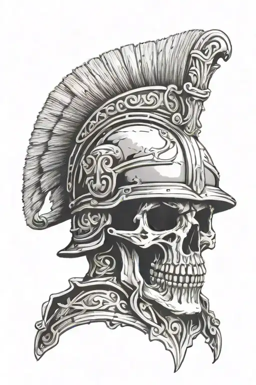 skull wearing ancient Roman helmet tattoo design idea