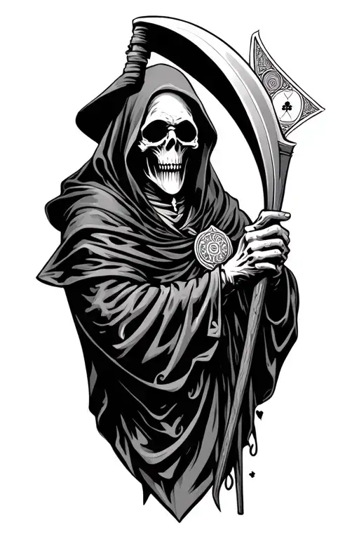 grim reaper bust holding scythe and playing cards tattoo design idea