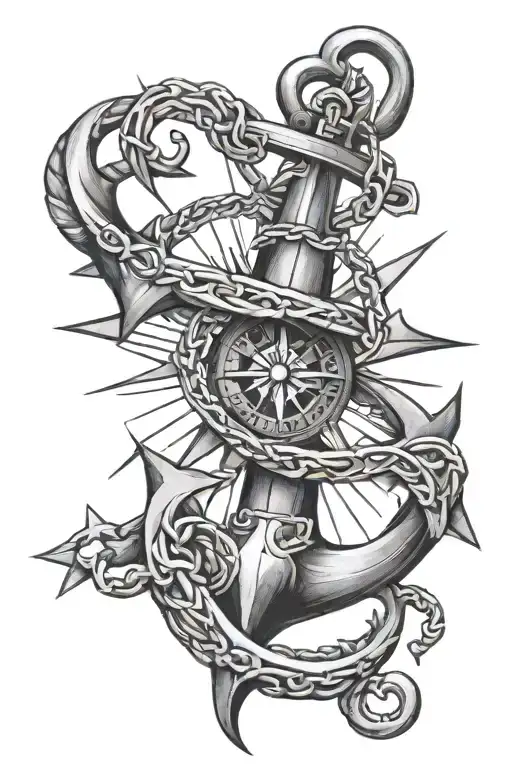 anchor, kracken, compass rose intertwined tattoo design idea