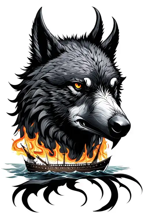 burning ships into raven and wolf head tattoo design idea