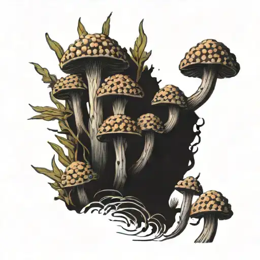 A realistic blackwork tattoo of a cluster of morel mushrooms growing in a natural setting tattoo design idea