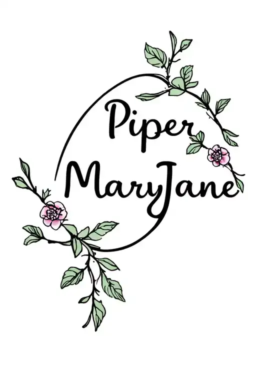 "Piper MaryJane" two names intertwined with vines and flowers tattoo design idea